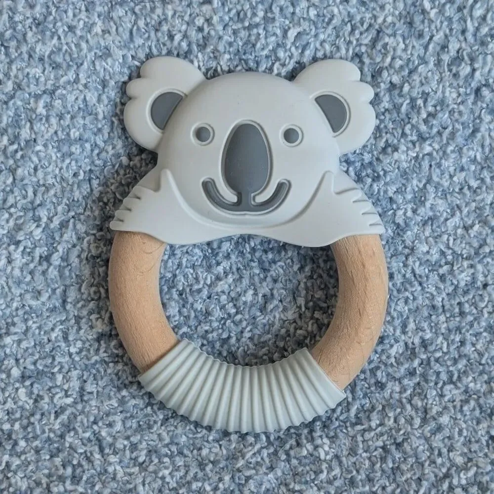 Baby Teething Ring Gray White Koala Silicone Accent Wood Ring